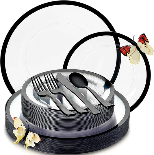 By Madee HEAVYWEIGHT 150 Pcs Clear and Black Plastic Plates and Utensils Set | Fancy Plastic Dinnerware Sets with Gift of 3D Butterflies for Table Decor (25 Guests)