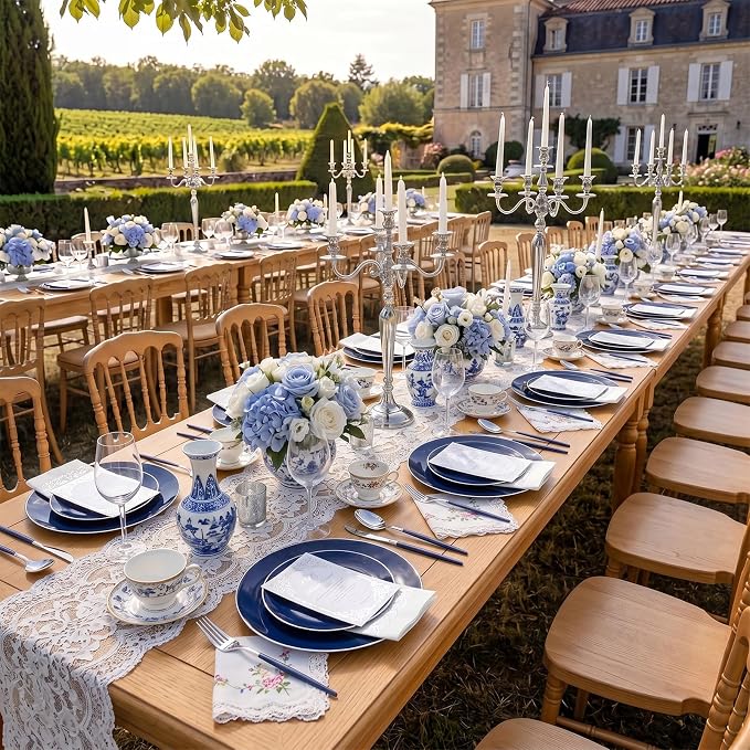 KIRE 175Pcs Blue Plastic Plates with Silver Rim & Disposable Silverware with Blue Handle & Silver-rim Cups & Hand Napkin & Plastic Dinnerware for Parties/Wedding/4th of July