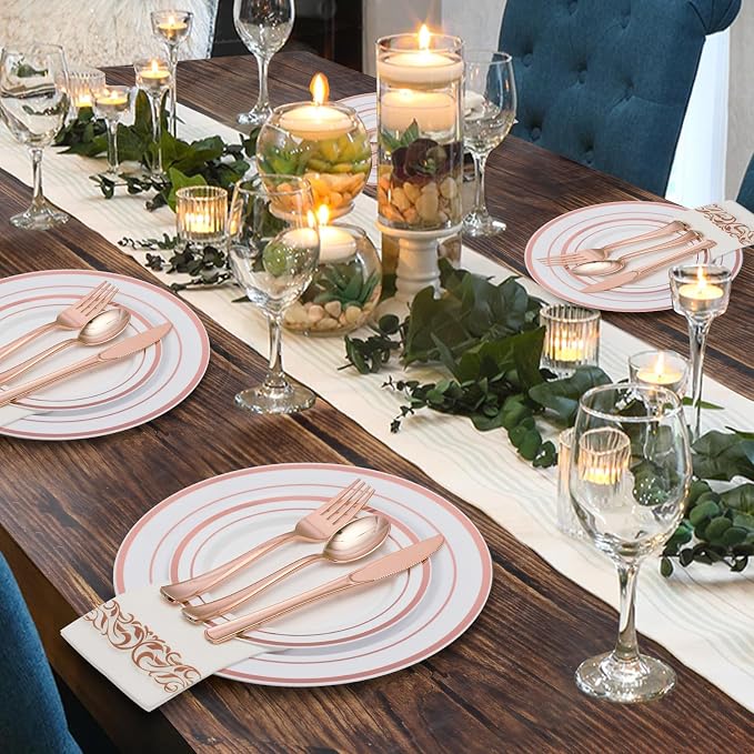 Goodluck 700 Pieces Rose Gold Dinnerware Set for 100 Guests, Plastic Plates Disposable for Party, Include: 100 Dinner Plates, 100 Dessert Plates, 100 Paper Napkins, 100 Cups, 100 Silverware Set