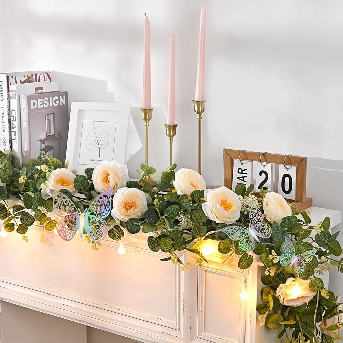Yastouay 2 Pcs 13.1 Ft Fuller Flower Garland with Light Butterfly, Artificial Eucalyptus Garland with Champagne Flowers Fake Rose Camellia Vine for Table Centerpiece Wedding Arch Room Decor