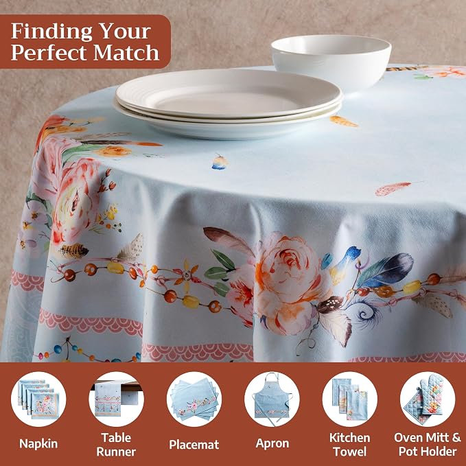 Maison d' Hermine Table Cloth Round Table 100% Cotton 69 Round Inches Tablecloth Reusable Decorative for Dining Kitchen Room Farmhouse Party Home Hotel Restaurant Spring Summer - Ibiza - Blue