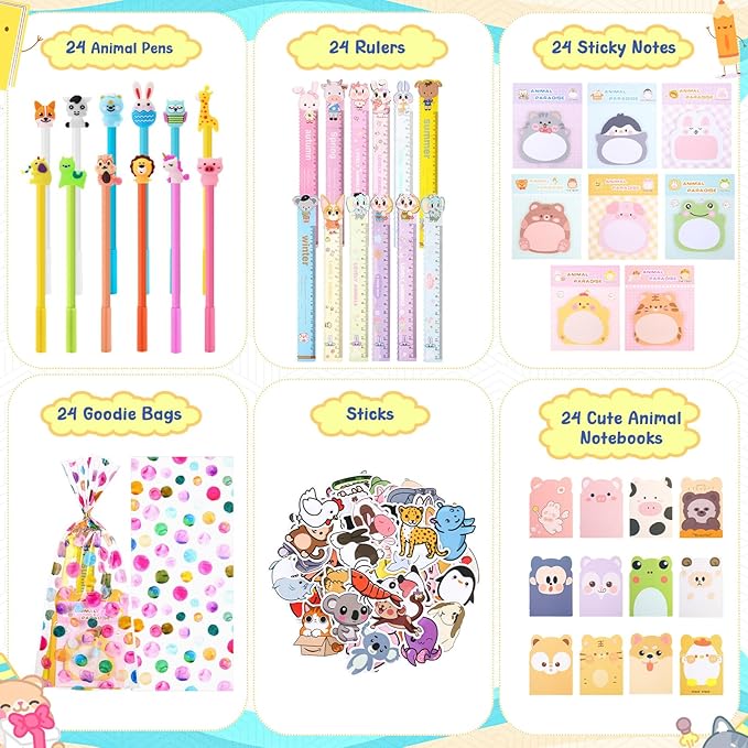 170 Pcs 24 Set Stationery Party Favors for Kids Return Gifts for Birthday Party with Cute Sticky Notes for School Birthday Goodie Bags Gift Rewards Prizes Bulk Office Supplies