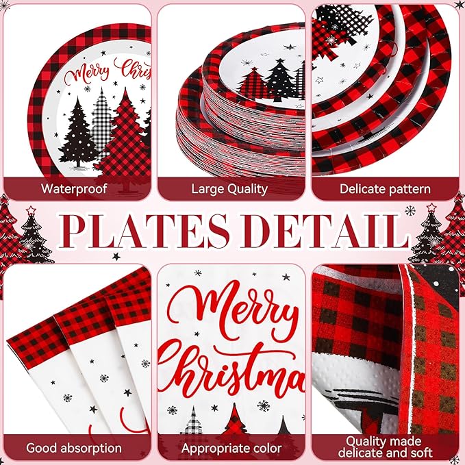 Funnymoom 452 Pcs Christmas Tree Party Supplies for 50, Red Buffalo Plaid Gingham Christmas Paper Plates Napkins Cups Tablecloth Cutlery Straws Tableware Set for Xmas Holiday Party Decorations