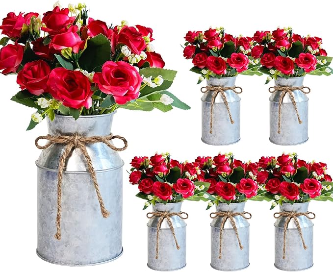 Set of 6 Wedding Flower Centerpiece for Tables Decorations, Red Artificial Roses Bouquet with Metal Vase, Faux Flower Arrangement for Party Bridal Shower Party Event (Silver Vases & Red Roses)