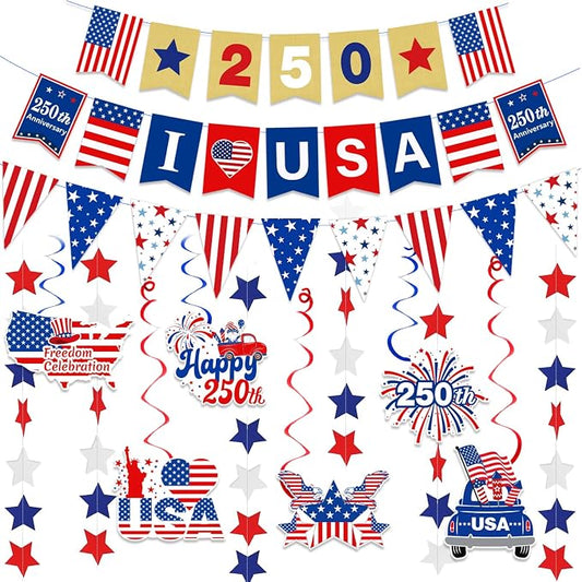 250th Anniversary Decorations 4th of July Decorations Including 250th Anniversary US Banner Star Garland 250 Banner Hanging Swirls