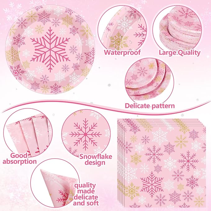 Funnymoom 452 Pcs Pink Snowflake Party Decoration for 50, Pink Gold Winter Snowflake Paper Plates Napkins Cups Tablecloth Cutlery Straws for Winter Baby Shower Wonderland Birthday Supplies