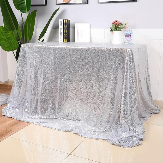 Silver Sequin Tablecloth 90"x132" Party Glitter Tablecloth Rectangular Sequin Table Cover Overlay Glitter Wedding Birthday Reception Decoration Baby Bridal Shower Christmas Decorations