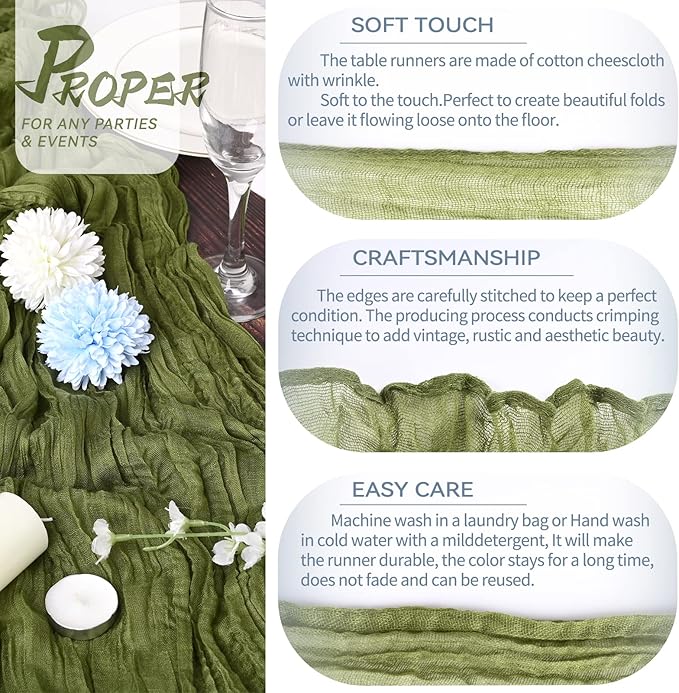 10 Packs Cheesecloth Table Runner Olive Green, 10Ft x 35" Army Green Rustic Gauze Boho Wedding Table Runner Decoration