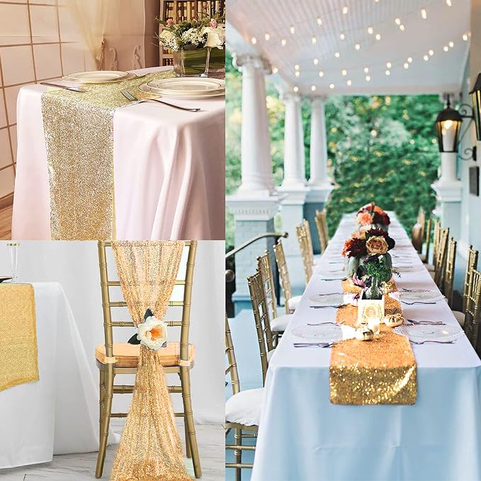 12 Packs 12 X 72 Inch Gold Sequin Table Runner Glitter Dining Table Runner for Birthday Wedding Engagement Bridal Baby Shower Bachelorette Holiday Celebration Party Supplies Decorations (Gold)