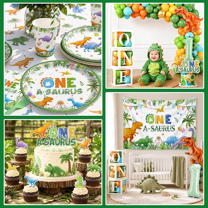 One a Saurus Birthday Decorations - 250Pcs Dinosaur Themed Party Supplies with Tableware Balloon Arch Garland Backdrop Banner Cake Topper,1st Birthday Decorations Boy