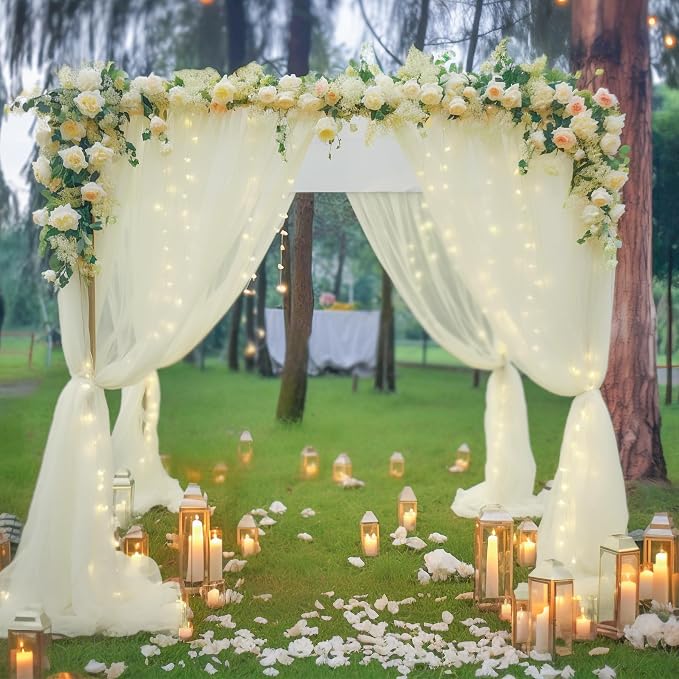 30x10ft Ivory Tulle Backdrop Curtain with Lights String for Parites, Sheer Backdrop Curtains for Wedding Baby Shower Birthday Party Photo Shoot Decorations
