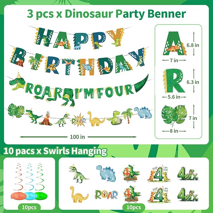 Watercolor Dinosaur 4th Birthday Party Supplies Roar Im 4 Dinosaur Party Plates Cups Napkins Hanging Swirls Banner Tablecloth Straws forks for Boys Dinosaur T-Rex Roar 4th Party Birthday Decorations