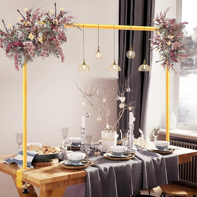 Over The Table Rod Stand with Clamps Adjustable 31-110 in Length 31-64 in Height Gold Table Balloon Arch Hanging Stand with Storage Bag for Valentines Day Wedding Birthday Party Decoration