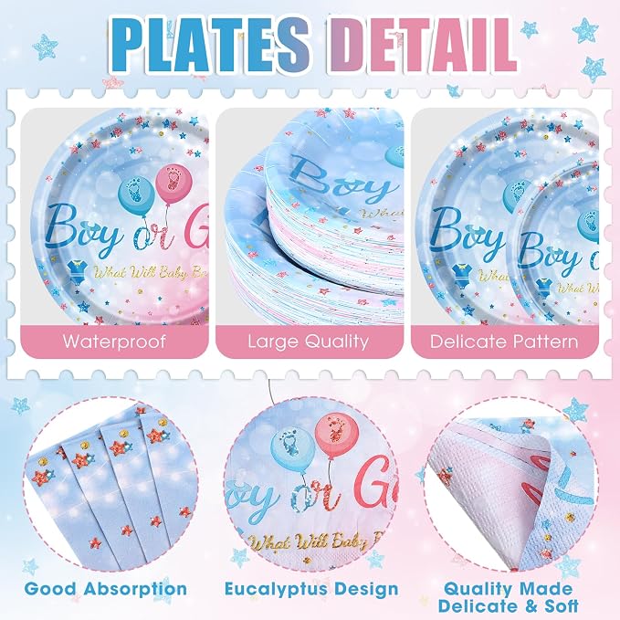 Funnymoom 452 Pcs Gender Reveal Party Supplies for 50 Guests, Pink and Blue Gender Reveal Paper Plates Napkins Cups Tablecloth Cutlery Straws Disposable Tableware for Baby Shower Party Decoration