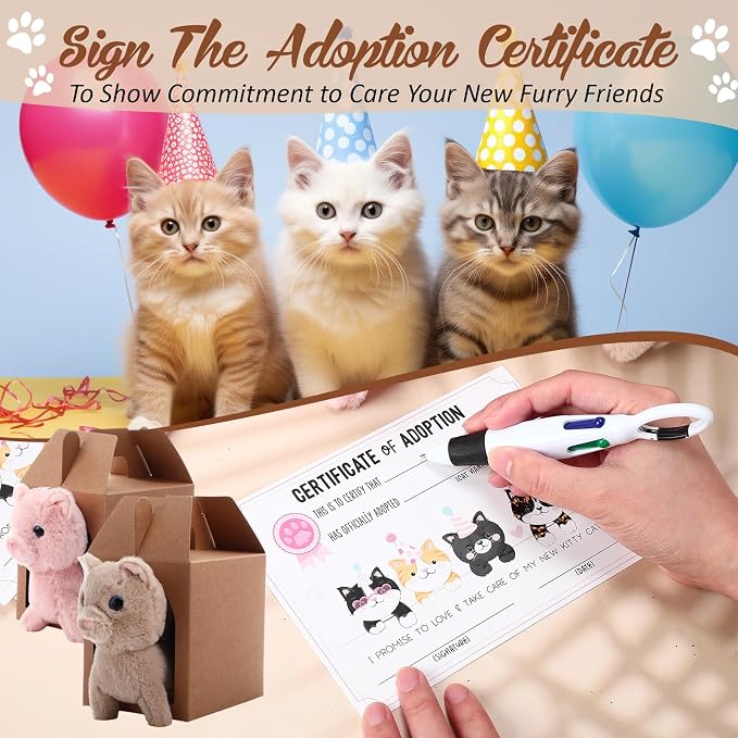 Blueweenly 84 Pcs Adopt a Pet Party Supplies 24 Mini Animals 10 White Plastic Fence 24 Paper Gift Boxes 24 Adoption Cards with Mini Chalkboard and Artificial Lawn(Cat)