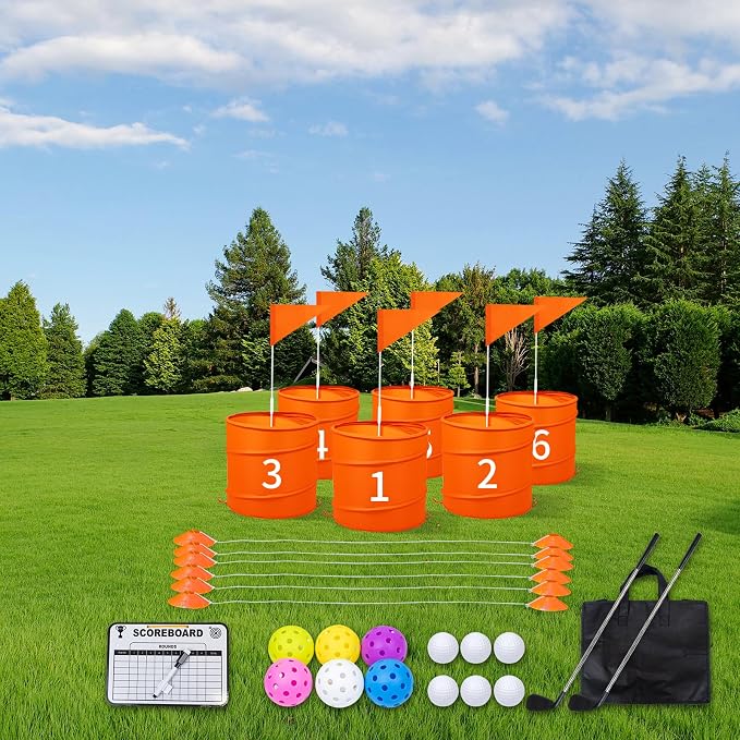 Orange 6 PCS Backyard Golf Game,Set with:6 Pop-Up Holes + 6 Flags + 12 Tee Boxes + 6 Game Balls + 1 Carrying Bag + 6 Connecting Ropes + 1 Scoreboard + 2 Clubs + 6 Golf Balls + 1 Manual,Outdoor