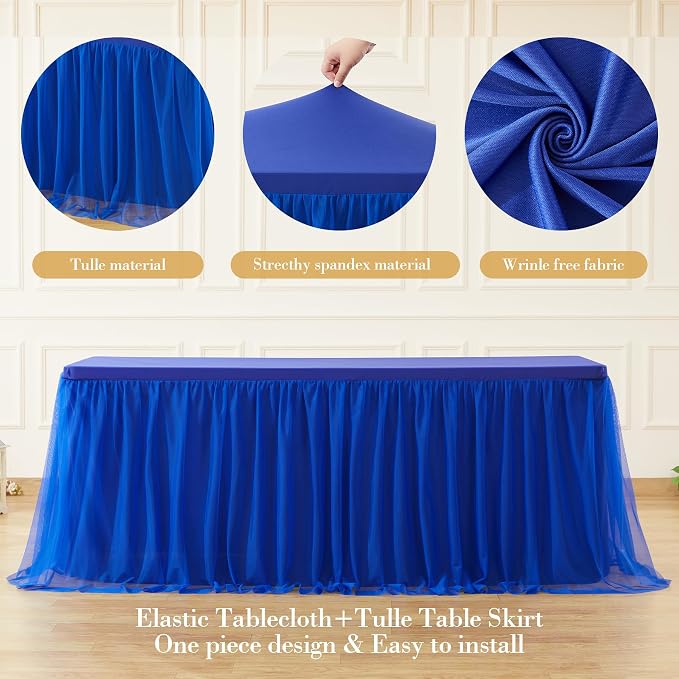 Suppromo Royal Blue Tulle Tablecloth for 4 Foot Rectangular Tables, 48 x 24 Inch White Rectangle Table Cloth, Wrinkle Free Table Cover with Tutu Skirt for Wedding Birthday Party Banquet Tablecover