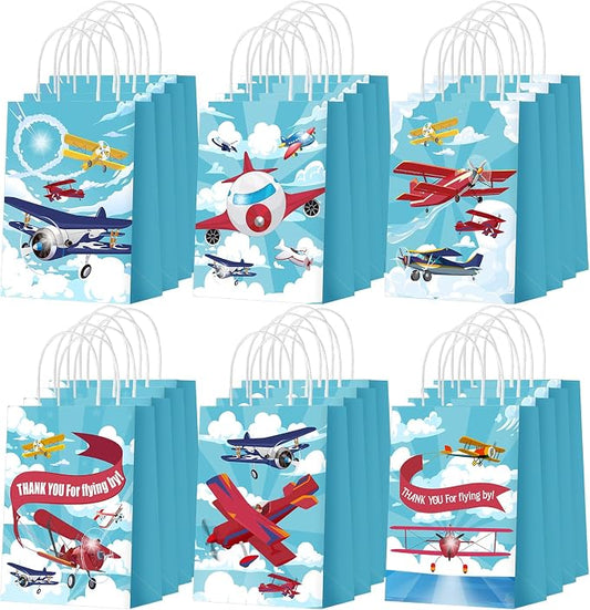 Outus 24 Pcs Airplane Party Favor Bags Airplane Gift Goodie Paper Bags with Handles Blue Plain Candy Treat Pouch for Birthday Party Decorations Supplies