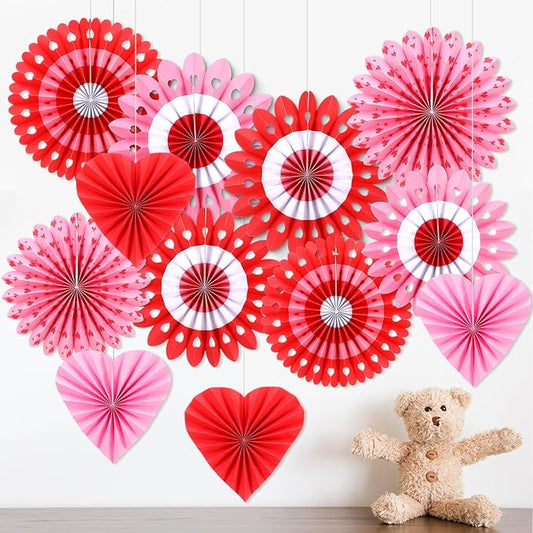 MotiMind 12 Pcs Valentines Day Decorations Set Heart Party Hanging Paper Fans for Valentines Wedding Bachelorette Engagement Anniversary Bridal Shower Birthday Baby Shower Party Photo Backdrops
