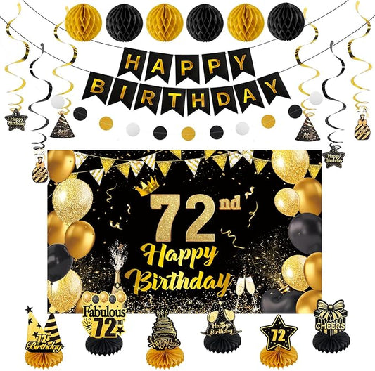 Happy 72nd Birthday Party Decoration: Including Birthday Banner Backdrop, Party Table Centerpieces and Hanging Swirl Party Streamers, Birthday Decor for Men and Women (Gold/Black, 72nd Birthday)