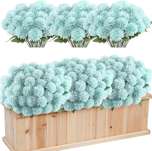 12 Bundle Artificial Mums Flowers for Outdoor Spring Decoration,Faux Ball Chrysanthemums Bouquet Fake Silk Flower for Vase Easter Table Floral Arrangement Wedding Home Decor(12, Teal Blue)