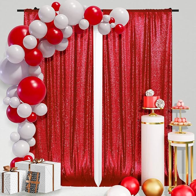 PartyDelight Red Sequin Backdrop 5x10ft 2 Panels 4 Inch Rod Pocket | 3mm stitched red sequins on mesh backing with 4 inch rod pocket for wide reception walls head tables stages and layered event