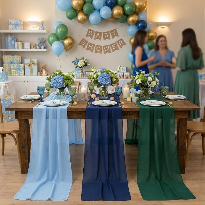 Boao 6 Pcs Blue and Green Party Decorations Table Runner Cloth 10Ft Boho Sheer Rustic Fabric for Wedding Birthday Party Baby Bridal Shower Graduation Dawn Sunset Decor