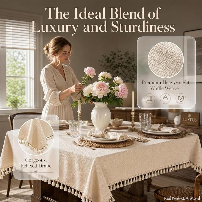 Beige Linen Tablecloth for Rectangle Tables 55x86 Inch | Waterproof Heavyweight Farmhouse Table Cloth with Tassel, Wrinkle Free Cover for Dining Party