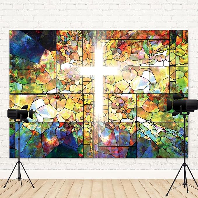 5x3ft Jesus Cross Backdrop Crucifix Church Event Photography Background Stained Glass Holy Bible Lord Pray Sanctuary Religious Baptism Banner Decorations Easter Portraits Photo Booth Prop