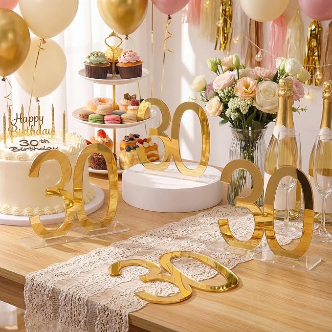 Threehoney 6 Pcs Mirror Gold 30th Birthday Decorations for Men and Women Acrylic Anniversary Decorations Table Numbers Centerpieces for Birthday Party