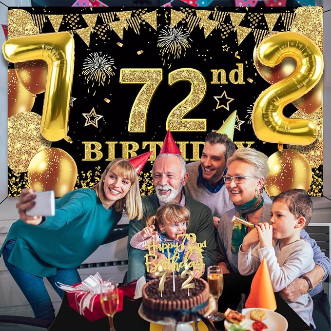 72nd Birthday Decorations Men Women With 72nd Birthday Banner, Black And Gold Table Cloth,Number Balloons, Sash, Cake Topper and Candles