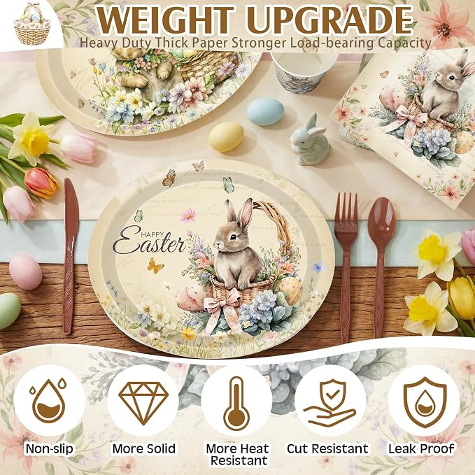 Pajean 350 Pcs Easter Bunny Oval Paper Plates Set with 12 Inch Disposable Vintage Easter Oval Plates and Napkins Bunny Flower Eggs Heavy Duty Dinnerware for 50 Guests Picnic Spring Party Supplies
