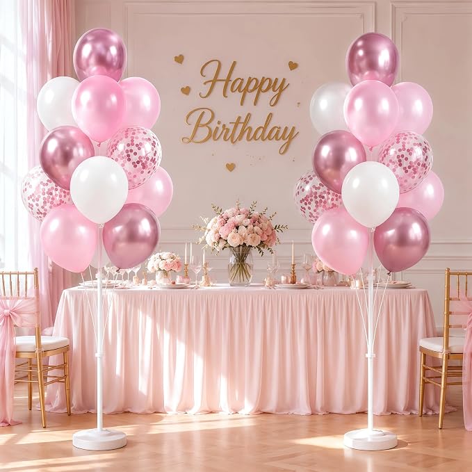 Balloon Column Stand Kit with 10inch Metallic Pink Confetti Balloons, Base&Pole,Balloon Column Kit for Floor&Table Decoration for Party Wedding Bridal Baby Shower Birthday
