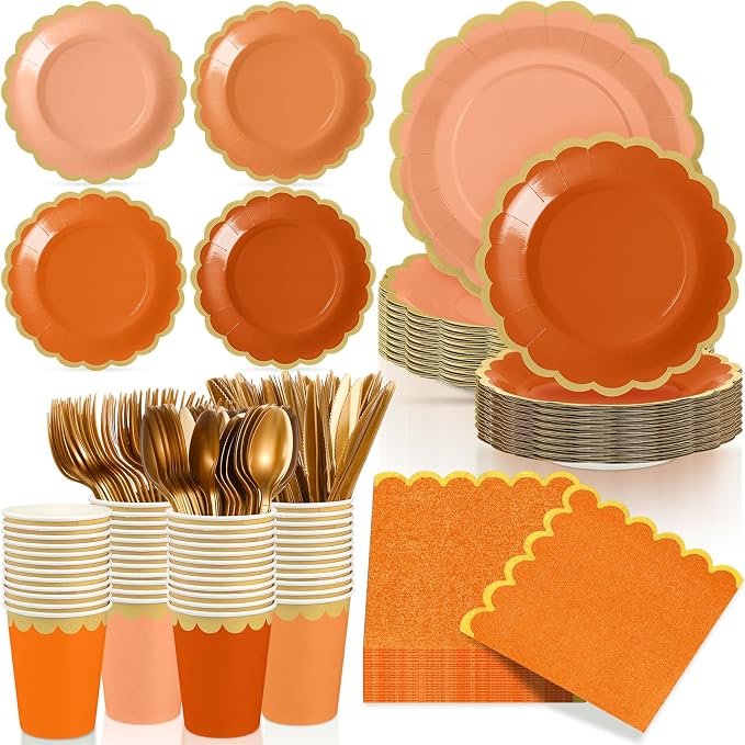 Mimorou 169 Pcs Beige-orange Beach Party Supplies Set Fall Disposable Tableware Kit with Plates, Cups, Napkins, Cutlery in Orange Tones for Fall Autumn Thanksgiving Baby Shower, Birthday