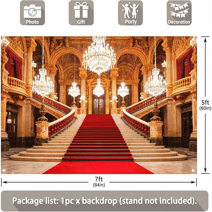 20x10ft Luxurious Palace Backdrop European Golden Hall Red Carpet Interior Chandelier Staircase Photography Background Old Church Castle Wedding Bridal Shower Anniversary Party Decor Banner