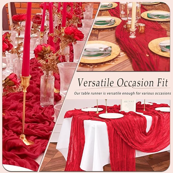 10 Pack Red Cheesecloth Table Runner 17x108 Inch Semi Sheer Boho Rustic Gauze Cheese Cloth Table Runners for Wedding Party Birthday Baby Shower Home Décor