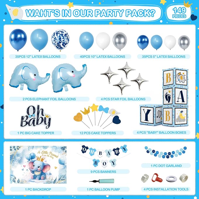 149 pcs Baby Shower Decorations for Boy, 4 Pcs Balloon Boxes,Elephant Foil Balloons, Blue Elephant Theme Baby Shower Decorations Gender Reveal Party Supplies