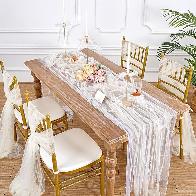 LuoluoHouse Pearl Tulle Table Runner Fabric: Beige 10ft Wedding Veil Seasonal Dessert Chiffon Pearl Lace Boho Overlay Wedding Aisle Runner Party Decorations Doilies