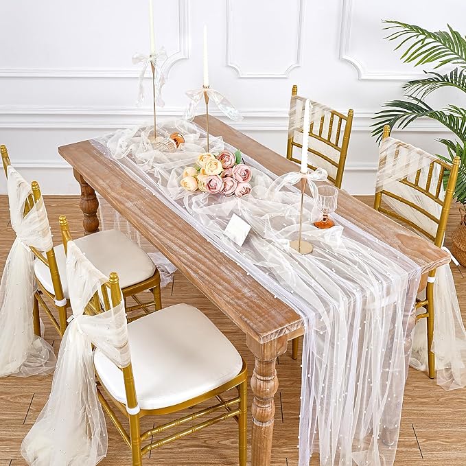 Pearl Beige Gauze Table Runner: 120 Inch 10FT Seasonal Sheer Dining Holiday Wedding Birthday Baby Shower Table Decor for Home Party