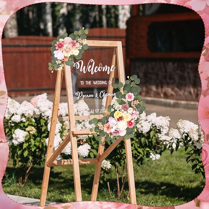 2 Pcs Wedding Arch Decorations - Reusable Artificial Hanging Flowers Floral Swag Greenery Garland for Wedding Welcome Sign Backdrop Bridal Ceremony Reception Backdrop Decoration(Green+Pink)