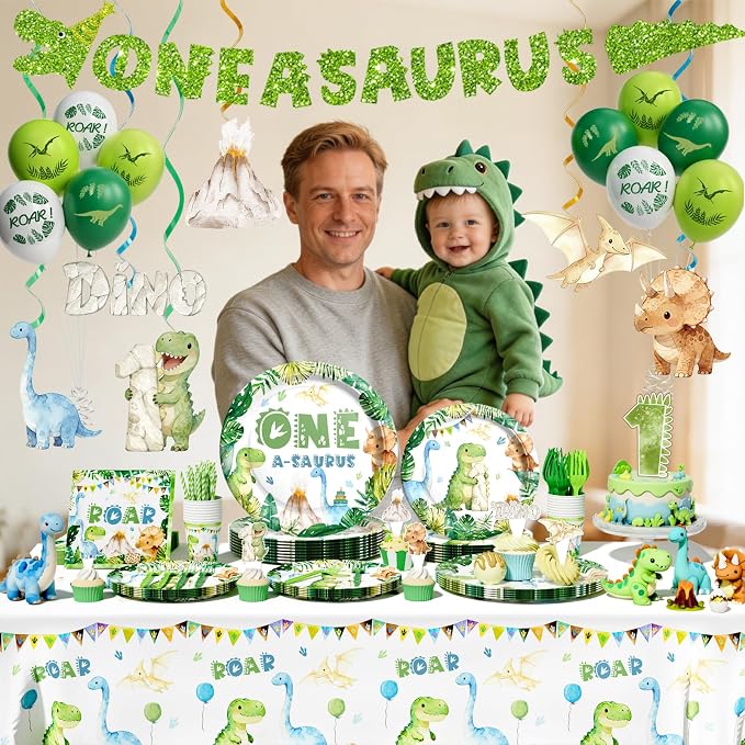 Hombae One a Saurus Birthday Decorations, Dinosaur 1st Birthday Party Supplies with One-A-Saurus Tableware, Plates, Napkins, Hanging Swirls for Boys First Dino Theme Party, Serves 24