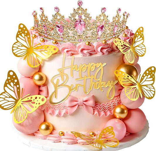 Pink Crown Cake Topper Princess Crown Birthday Decorations Gold Butterfly Balls Cake Decorations Birthday Party Baby Shower