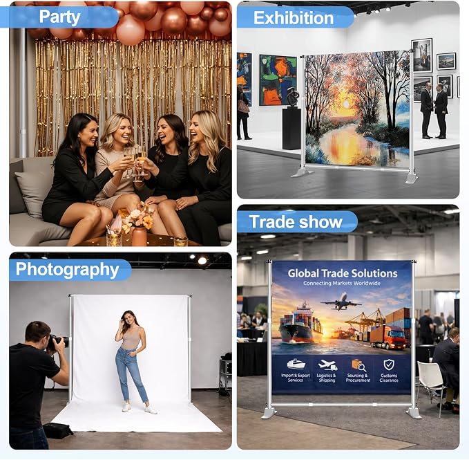8 x 8FT Backdrop Banner Stand, Heavy Duty Adjustable Photo Background Support Frame Kit, Step and Repeat Stand for Photo Booth, Parties, Exhibition, Trade Show, Wedding - Silver