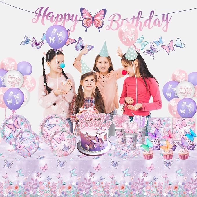 Butterfly Birthday Decorations, Girls Birthday Supplies - Plates, Napkins, Cups, Cutlery, Cake & Cupcake Toppers, Banner, Hanging Swirls, Tablecloth, Balloons for Butterfly Party Decorations, Serve 20