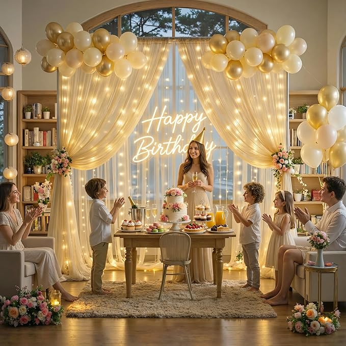 10×12ft Champagne Tulle Backdrop Curtain with Lights String for Parites Sheer Fabric Backdrop Curtains for Wedding Baby Shower Birthday Party Backdrop Drapes Bridal Shower Photo Shoot Background