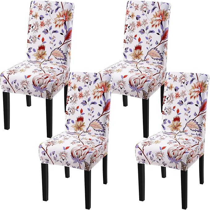 Fuloon Chair Covers for Dining Room 4 Pack, Printed Stretch Dining Slipcovers, Washable Kitchen Slip Covers for Parson Chair, Flower Cluster Printed, Set of 4