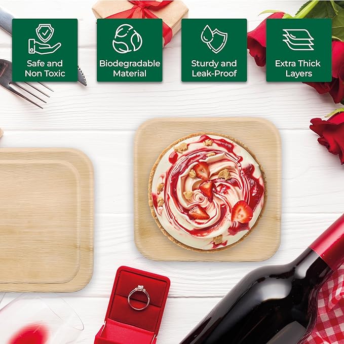 Palm Leaf Disposable Plates - Bamboo Plates Disposable 8 Inch Square (50pc) - 100% Compostable & Biodegradable Plates with Cutlery (50 Forks, 50 Knives) - Heavy-Duty, Party Dinnerware Set