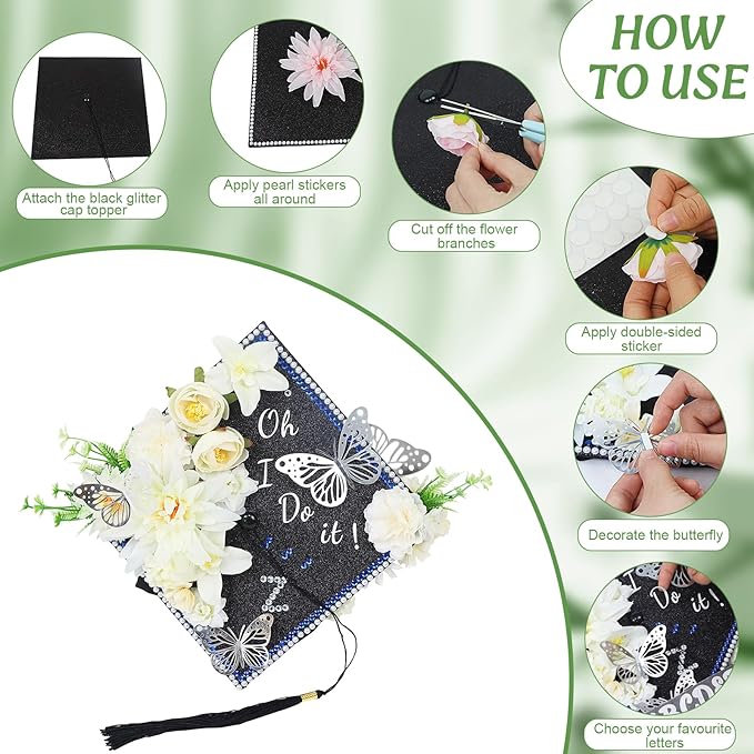 TKNOUS White Flower DIY Graduation Cap Decorations - Artificial Flower Heads, 3D Butterfly & Alphabet Letter Stickers, Glitter Paper for Art DIY Hat Grad Cap Topper