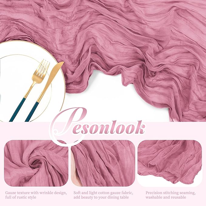 12 Pack Dusty Rose Cheesecloth Table Runner, 10FT Cheesecloth Rustic Boho Table Runner Long Romantic Semi Sheer Table Runner for Wedding Birthday Bridal Shower Party Decorations(21.5×120 Inch)