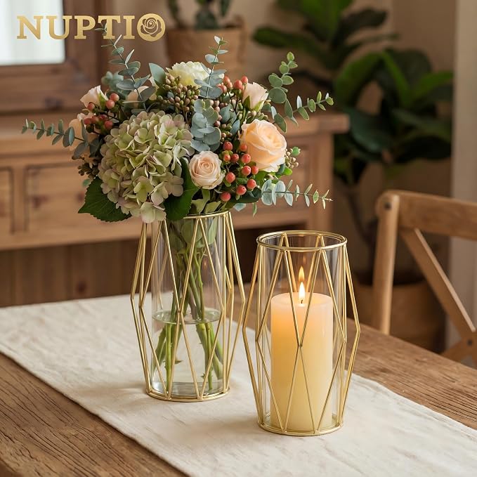 NUPTIO Gold Geometric Hurricane Candle Holders Bulk, Set of 8 | 8 Matching Diamond Frames, Clear Glass Cylinder Vases, for Flowers, Pillar Candles, Wedding Table Centerpieces